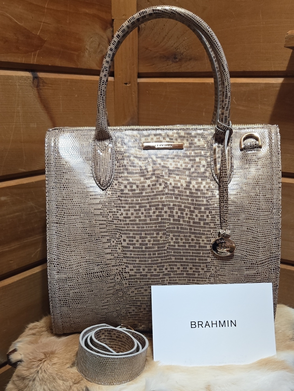 Brahmin Caroline Metallic Lizard-Embossed Satchel NWT - Picture 2 of 7